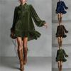 Dames Strikkraag Lange Mouwen Velours Ruches Zoom Mini Jurk Losse Pasvorm Elegante Casual Jurk