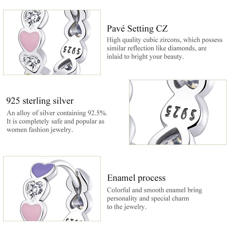 BAMOER 100% 925 Sterling Silver Rainbow Love Ring for Women Colored Stackable Heart Girl Ring Fine Jewelry Anillos Wedding Gift