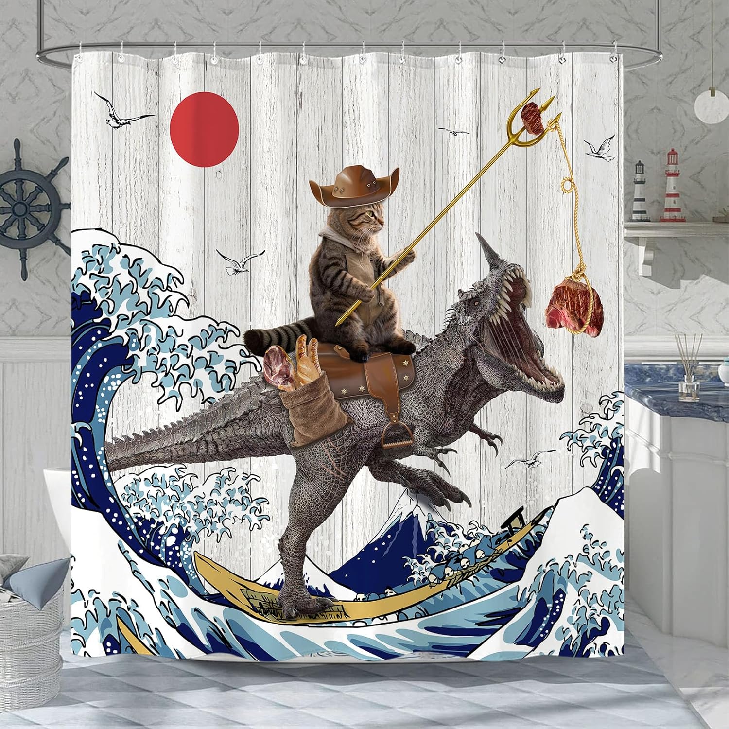 

Funny Cat Shark Shower Curtain Ocean Tropical Fish Shower Curtains For Bathroom Kids Cute Fun Underwater World Coral Coastal W60H190(CM)-1 Pcs