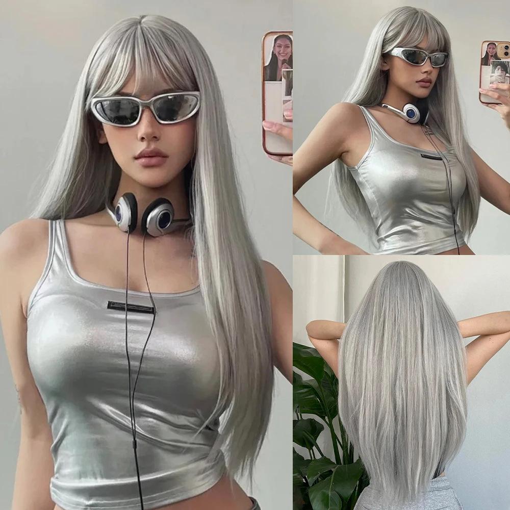 

Парик женский в европейском и американском стиле с кружевом спереди, термостойкий, с прямой челкой, элегантный, прямой, длинный, цвета шампанского серебряный