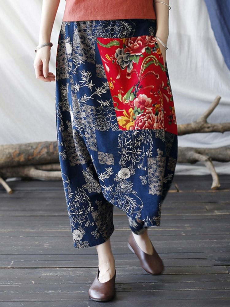 Johnature Women Vintage Patchwork Cross-pants Elastic Waist Spring Trouser Loose Casual Women Cotton Linen Pants