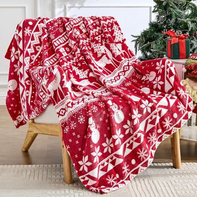 Soft Flannel Throw Blanket Red White Christmas Snowflake Reindeer Snowman Print Warm Cozy Sofa Bed Holiday Home Decor