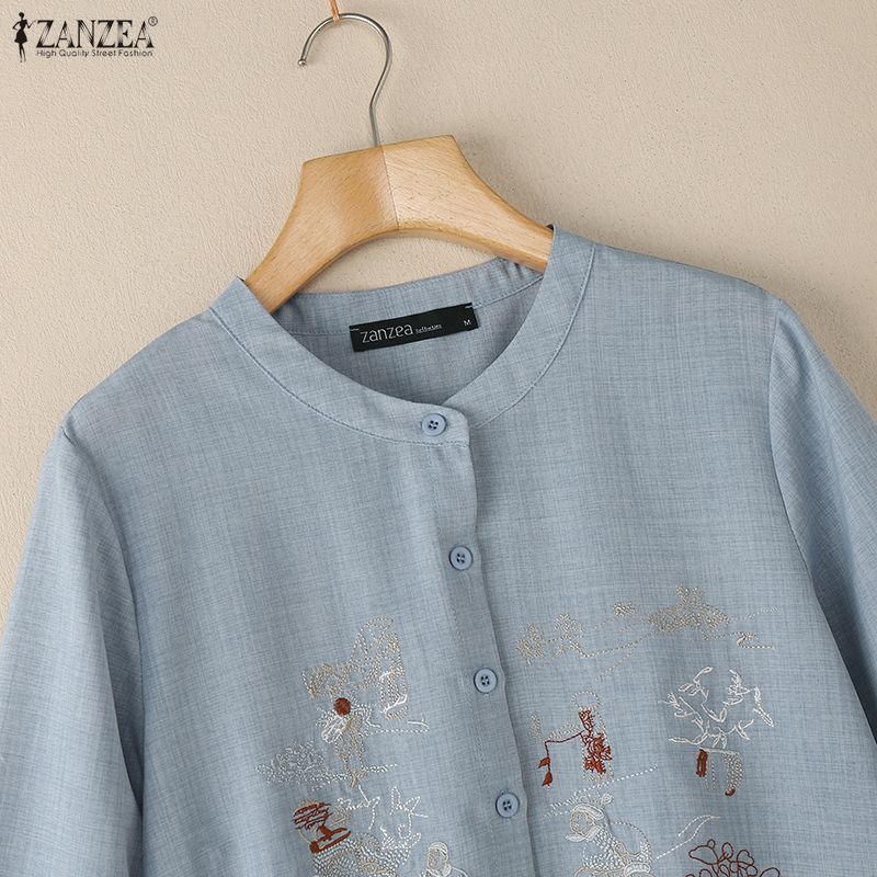ZANZEA Women Embroidery Print Casual Round Neck Long Sleeve Blouse