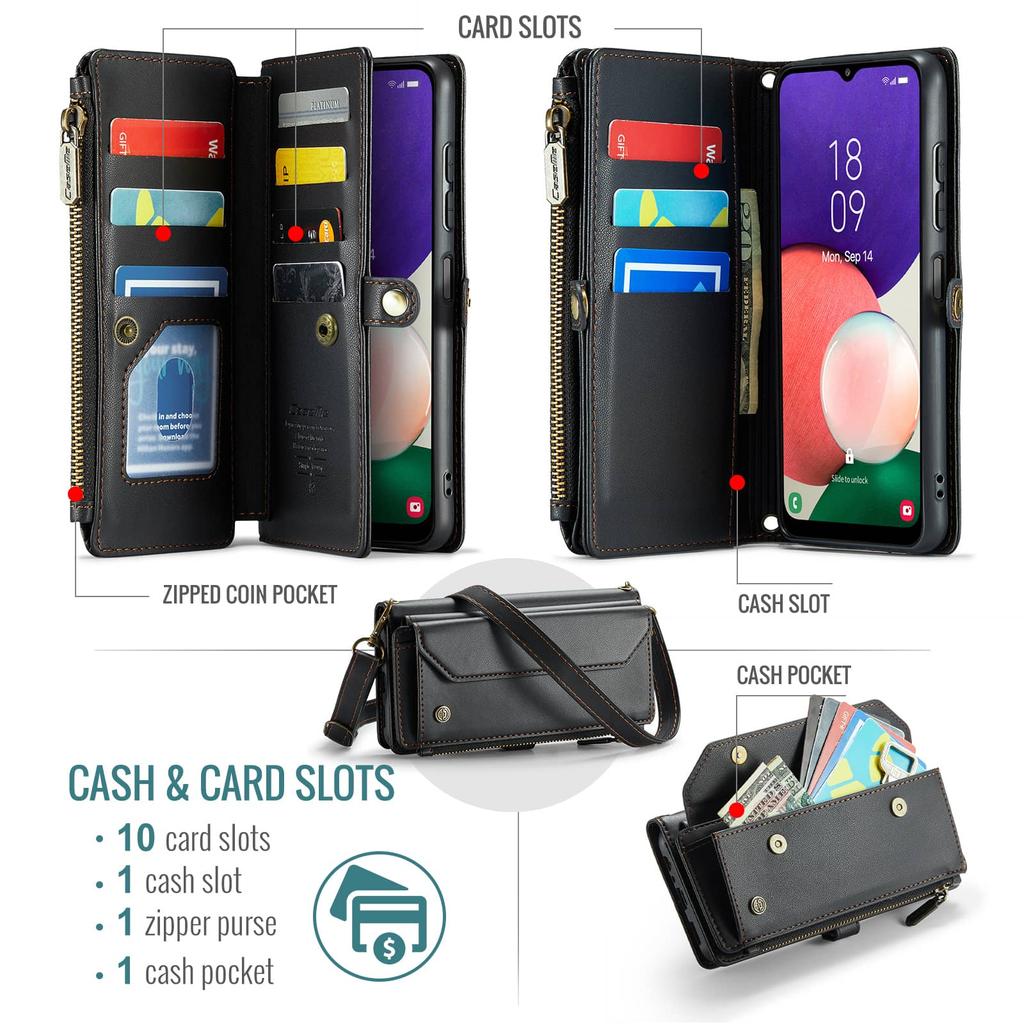 Crossbody for Samsung Galaxy A22 5G Case Wallet RFID Blocking with 10-Card Holder Zipper Bills Slot, Soft PU Leather Magnetic Shoulder Wrist Strap