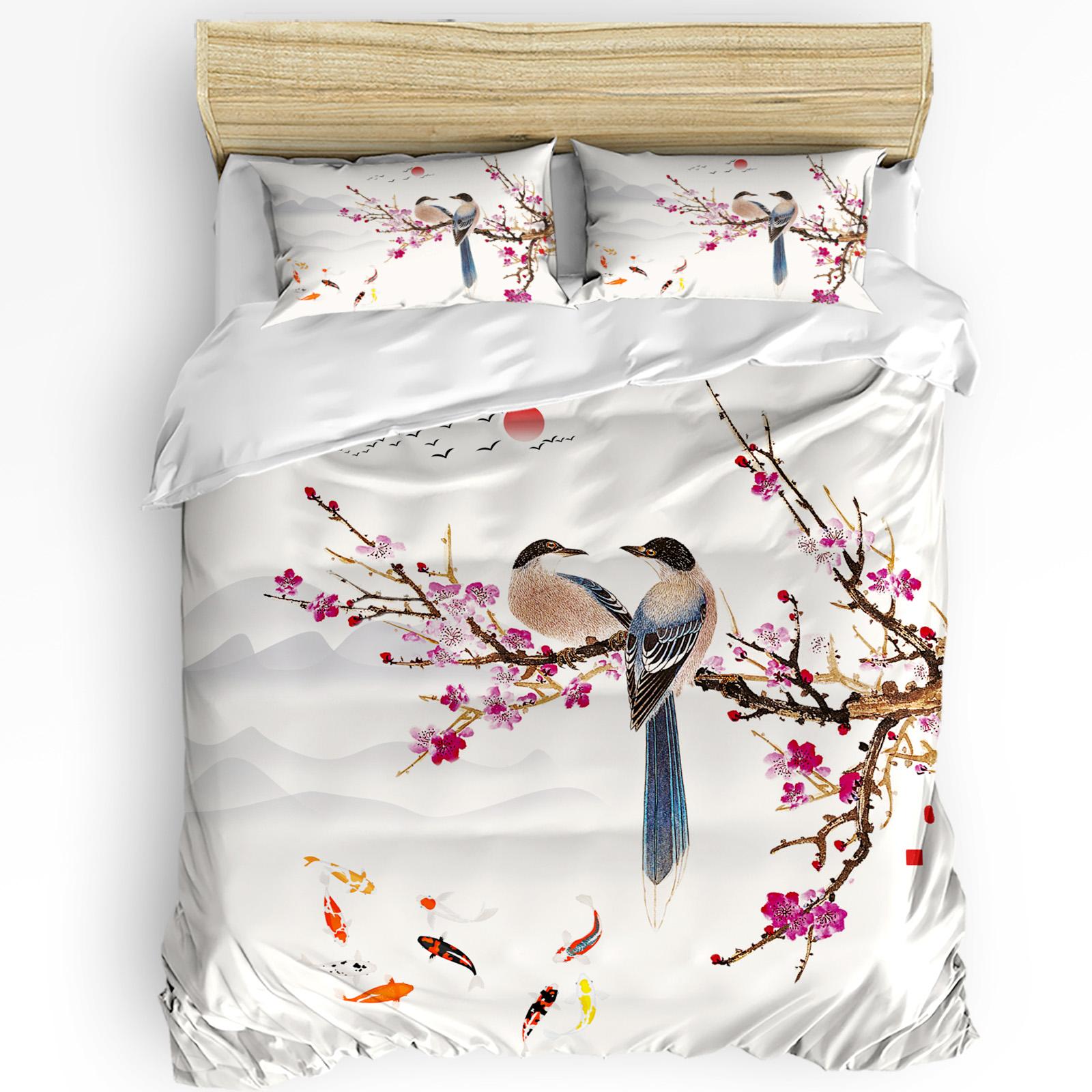 

Chinese Style Plum Blossom Magpie Carp Duvet Cover with Pillow Case Custom 3pcs Bedding Set Quilt Cover Double Bed Home Textile EU single(135x200cm)