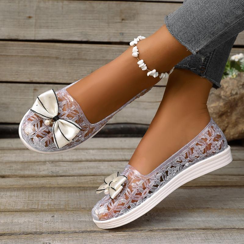 Fashion Flat Sandals Summer New Round Head Hollow Butterfly Knot Soft Sole Anti-slip Wear-resistant Low Heel Women's Shoes