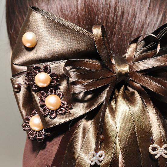 Lace Hair Clip Head Flower Faux Pearl Satin Bowknot Decor