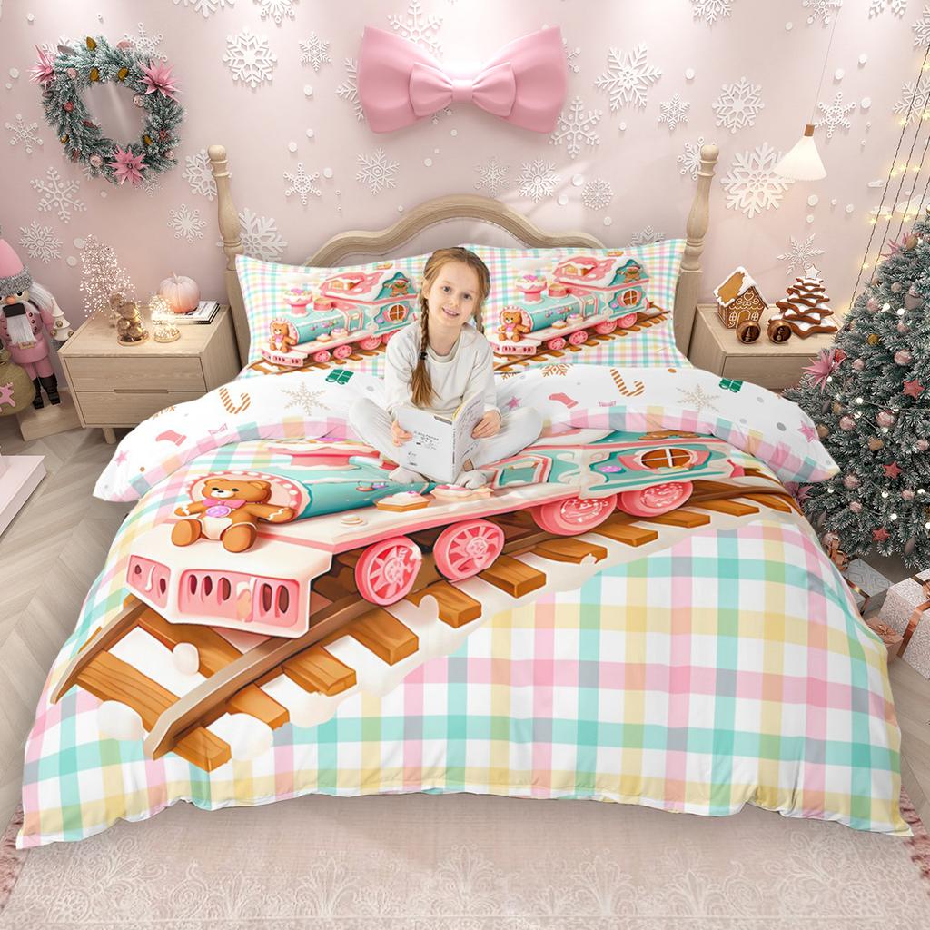 Homewish Kids Merry Christmas Duvet Cover Set 2pcs/3pcs, Gingerbread Xmas Tree Bedding Set, Cute Snowman Snowflake Quilt Cover
