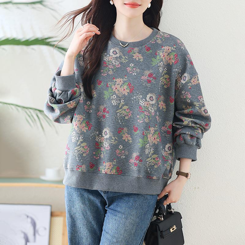 

DIMANAF 2025 Женская весенняя пуловерная футболка большого размера с длинным рукавом и круглым вырезом Повседневная женская свободная рубашка с цветочным принтом большого размера L серый
