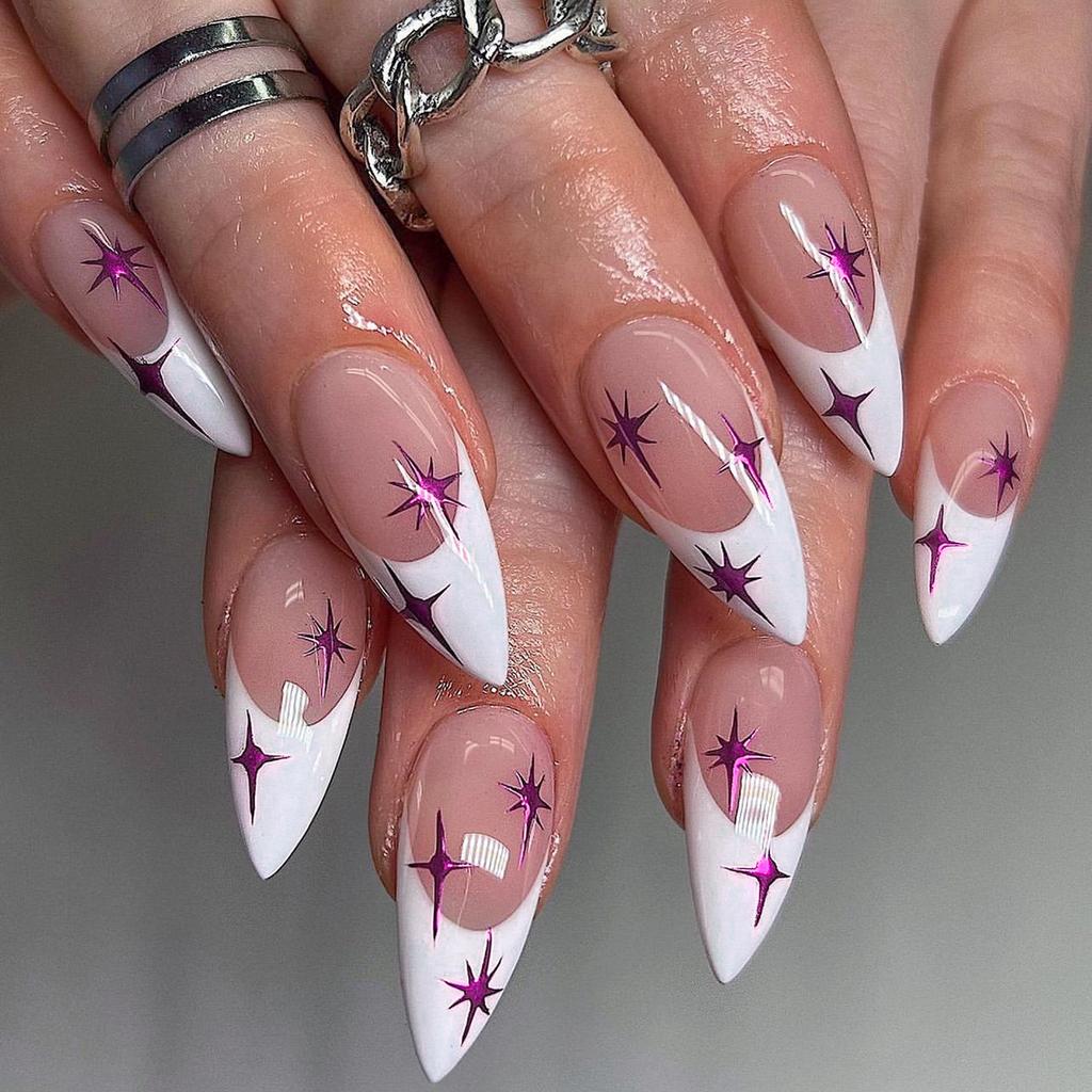 24Pcs Purple Cat Eye Almond Press On Nails French Tip With 3D Love Star Rhinestone And Pearl Nail Art