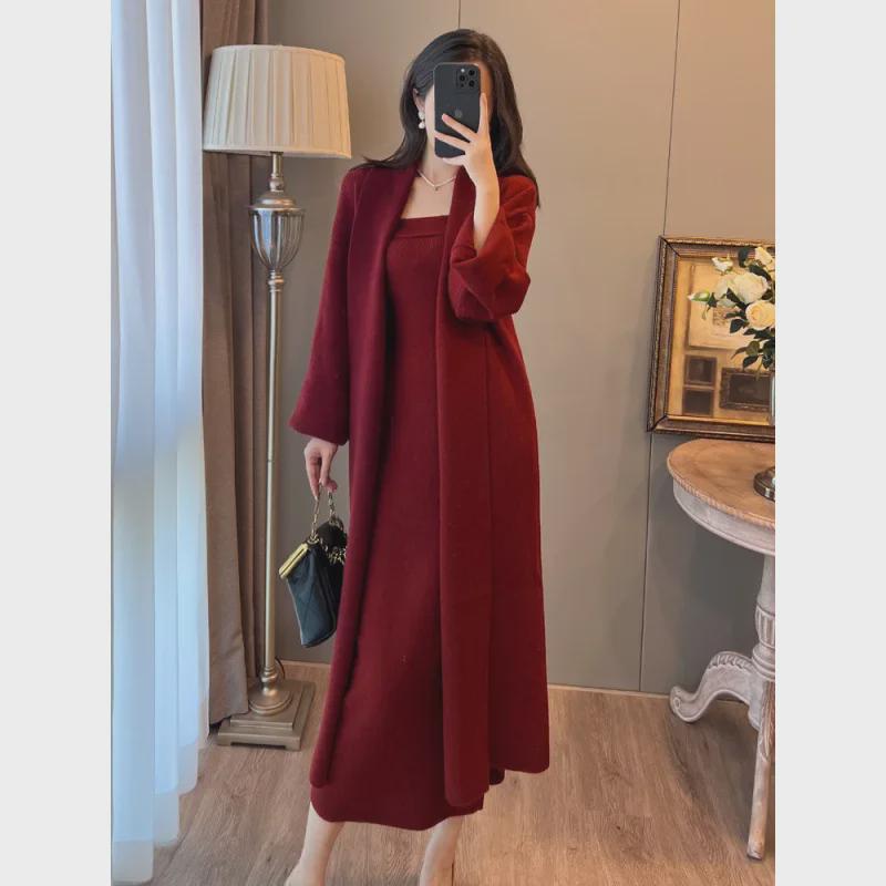 Women's French Retro Red Knitted Cardigan & Tube Top Set for Autumn/Winter