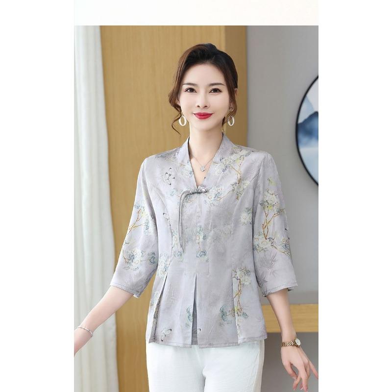 Damen Bluse im chinesischen Stil mit Blumendruck, Halbarm, Froschknöpfen, Lässiges Oberteil