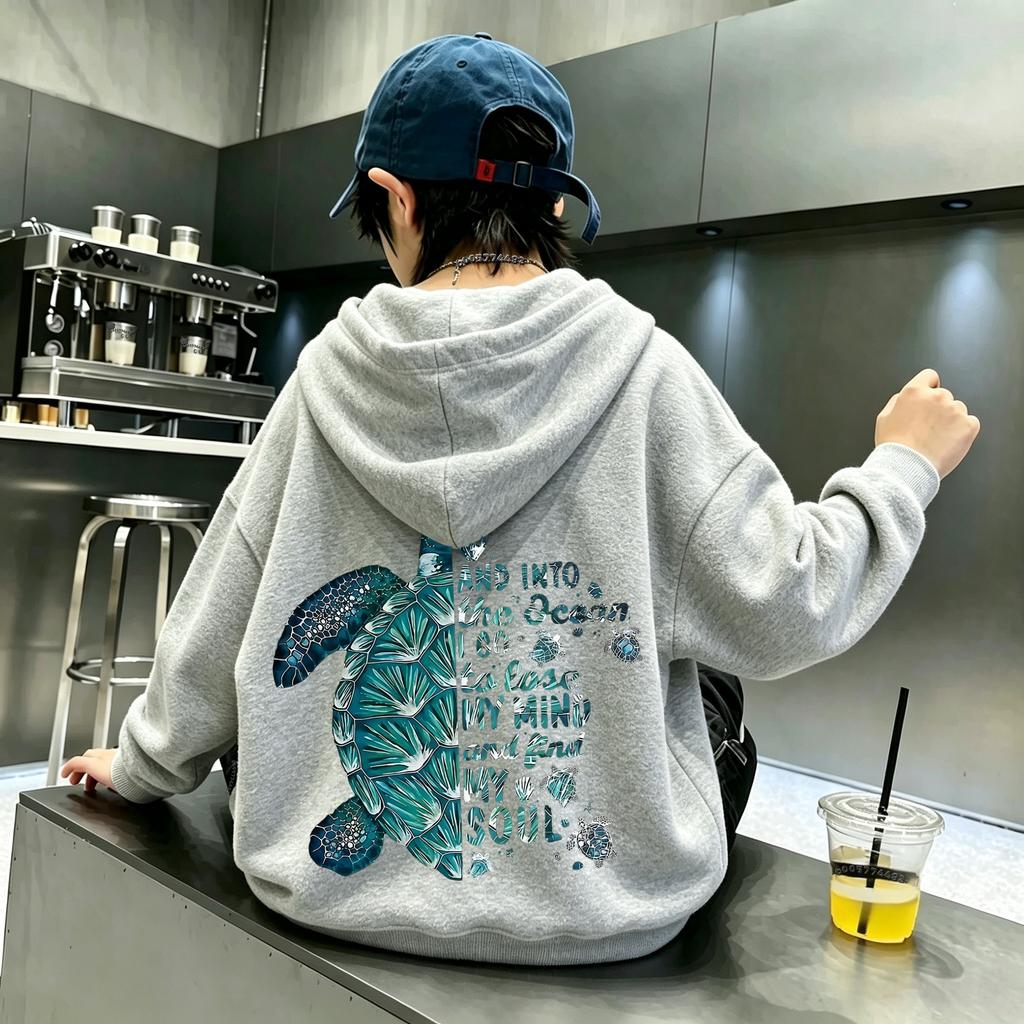 Children's Trend Sea Turtle Pattern Printed Hooded Sweatshirt for Autumn/Winter, Youth and Adult Casual Pullover Top