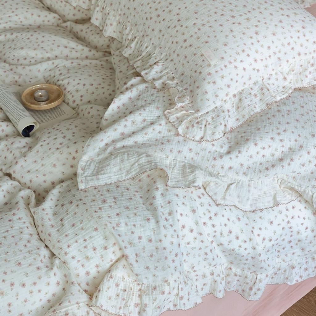 INS Princess Ruffle Edge Gauze 100% Cotton Pillow Case Breathable Duvet Cover Without Filler 3PCS Floral Home Bedding Set