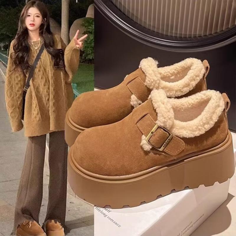Fashion 2025 Fashionable Versatile Women's Cotton Shoes Thick Bottom Loafers Warm Fleece Lined Flat Heel round Toe Shoes