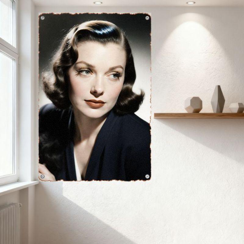 Vintage Ornate Border Dark Brown Hair Woman Metal Tin Sign Soft Curls Dark Blue Blazer White Top Home Decor Art for Cafe Bar Man