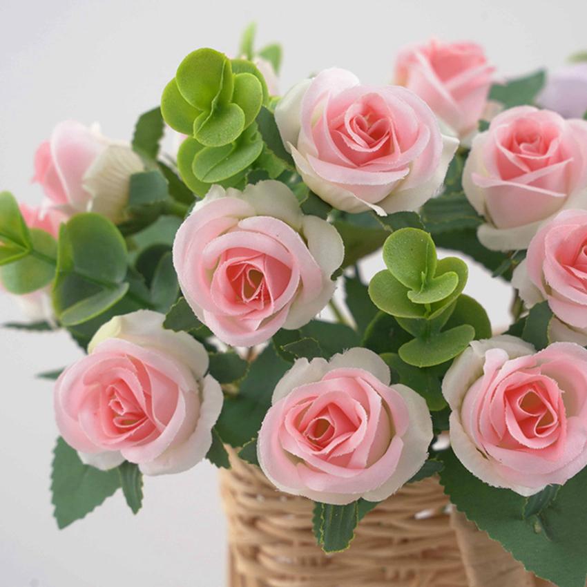 5 Forks 11 Heads Artificial Flowers Silk Roses Bouquet for Home Decor Outdoor Garden Eucalyptus Leaves Fake Plants Wedding Party