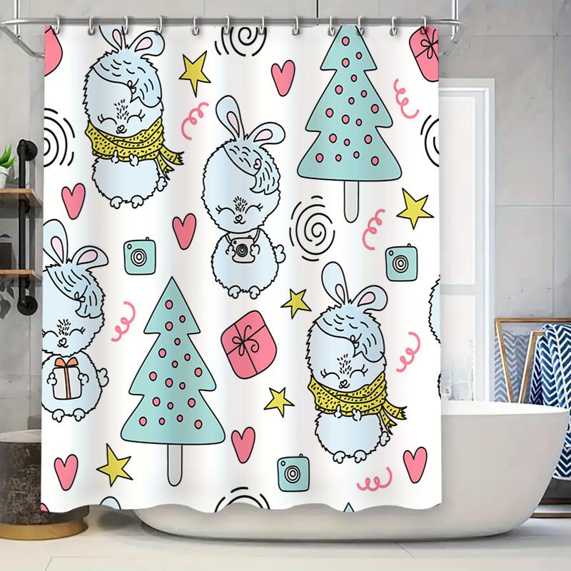 

Cute Bunny Christmas Tree Decor Shower Curtain for Bathroom Kids Room Cartoon Print Home Decor Waterproof Fabric 72 inches x 72 90x180cm