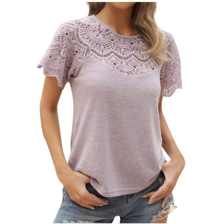 Comfortable Breathable Solid Color Short Sleeve Tops Women Casual Basic Round Neck Lace Stitching Fashion Tee