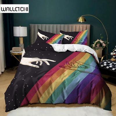 Couple Rainbow Duvet Cover Set Microfiber Hold Hands And Compare Hearts Rainbow Pattern Twin Quilt Cover Twin For Couple Lover