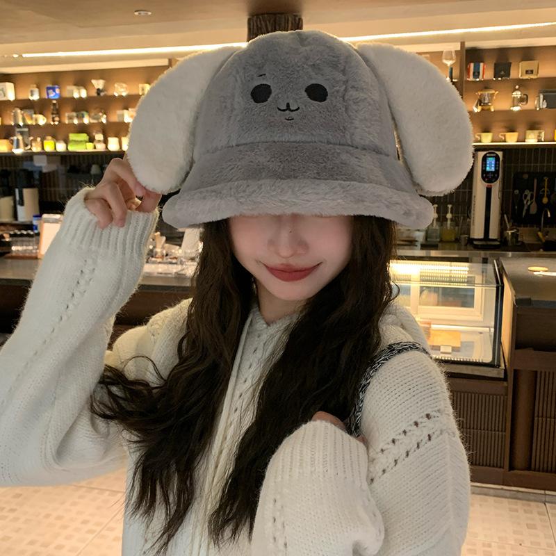 Puppy ears plush bucket hat female winter cute student versatile small face thickened warm basin hat