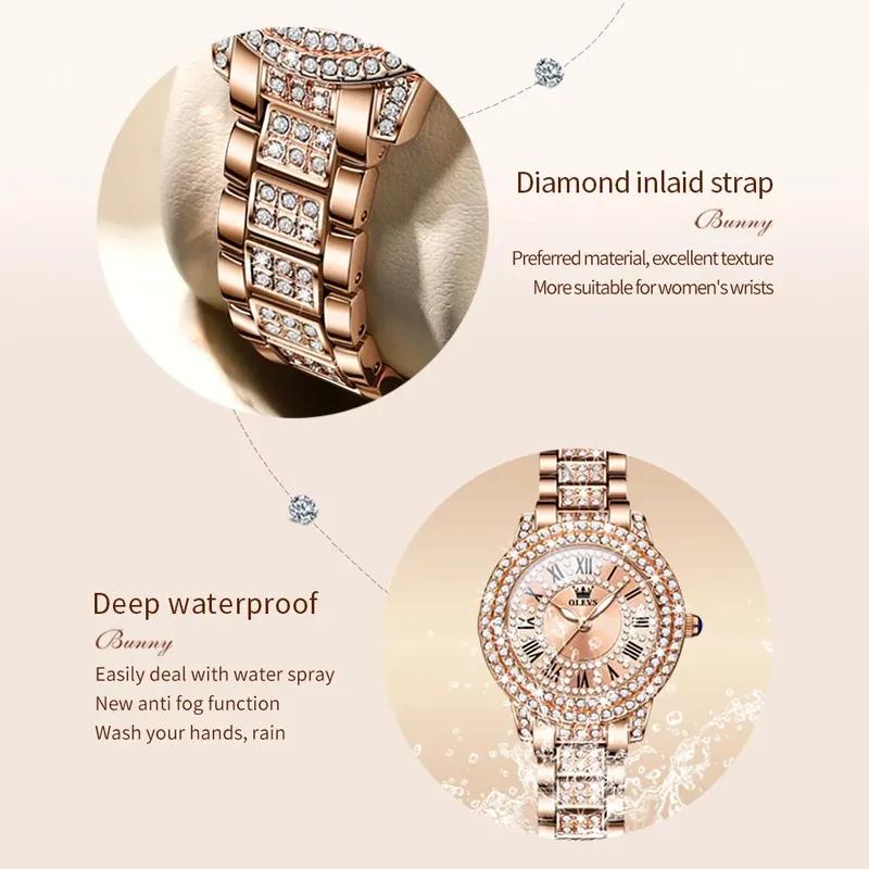 OLEVS Women's Watches Fashion Original Quartz Wrist Watch for Ladies Roman Dial Dazzling Diamond Waterproof Luminous Luxury New