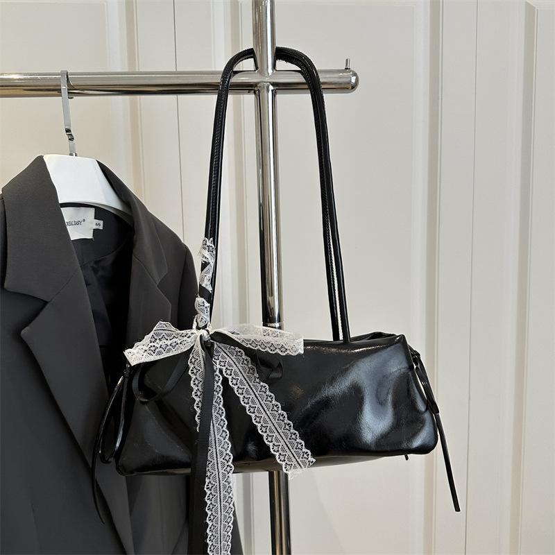 Fashion Sweet Faux Leather Tote Shoulder Bag with Lace Ribbon Bow Detail Design Handbag Cute Crossbody Purse for Women
