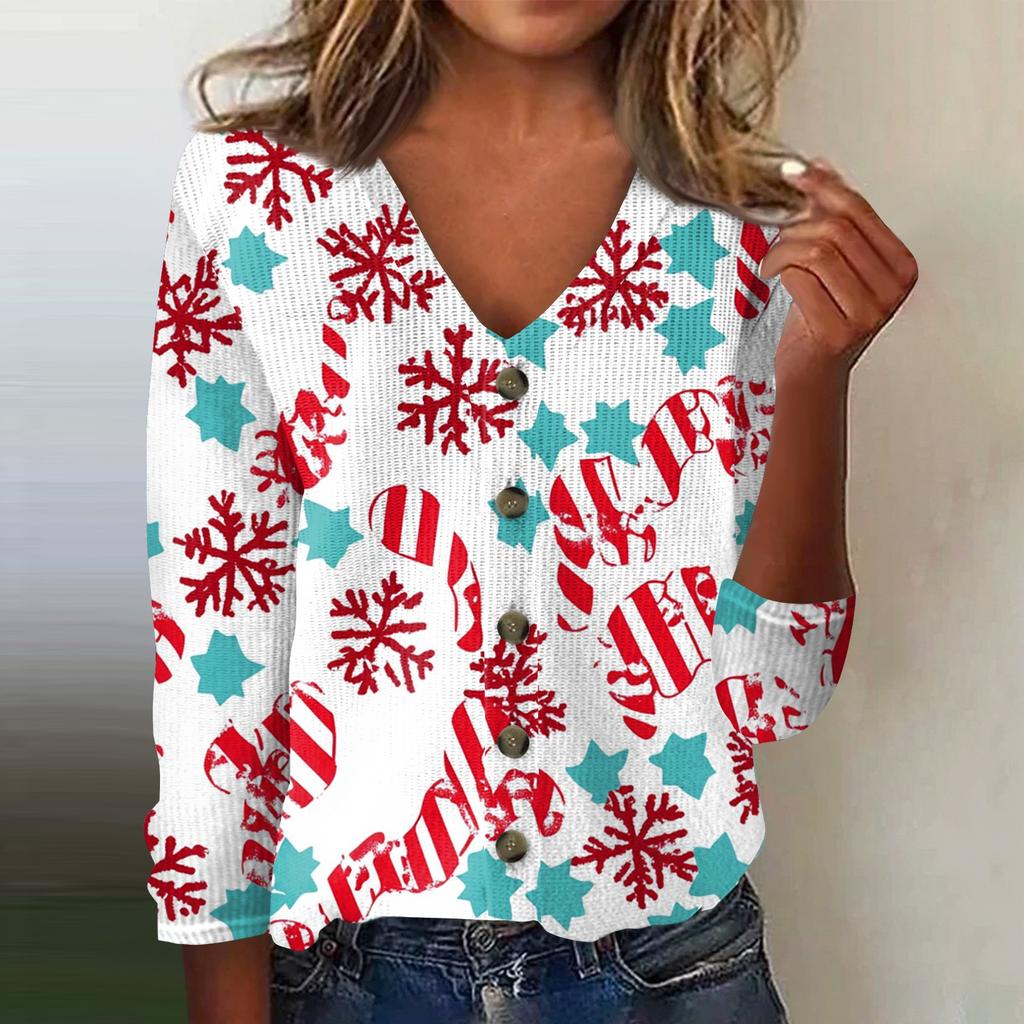 Women's Fashion Print Long Sleeve Knitted Cardigan Button Up Jacket