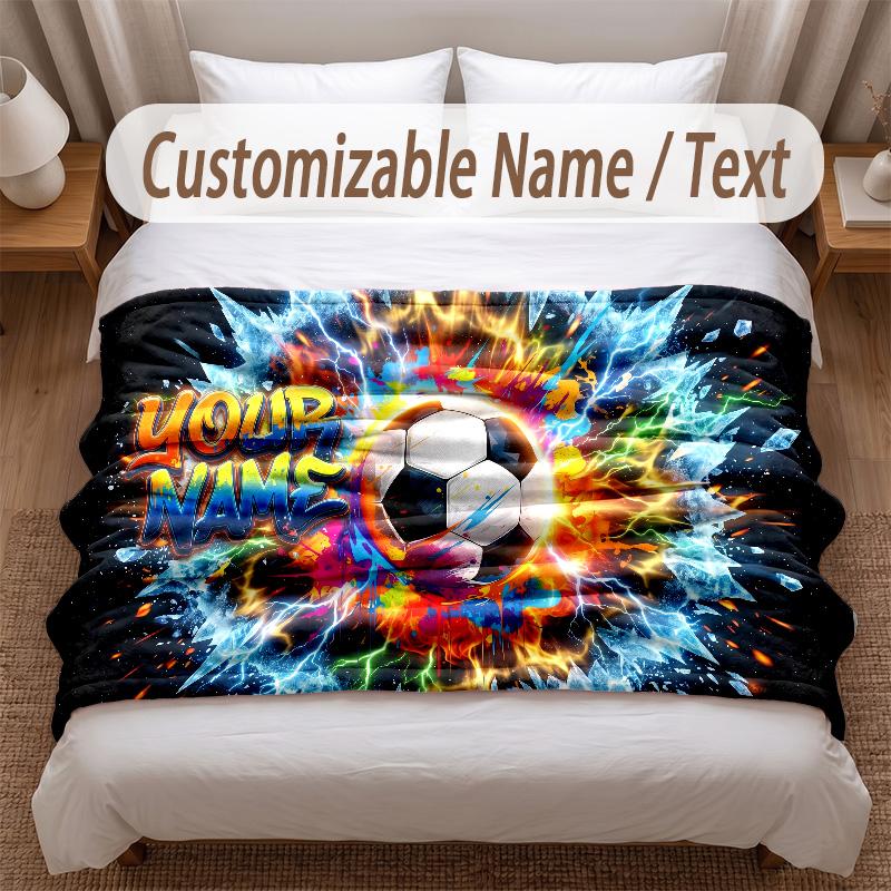 Soccer Theme Soft Blanket Personalized Custom Name Text Print Warm Blanket Home Sofa Bedroom Decor