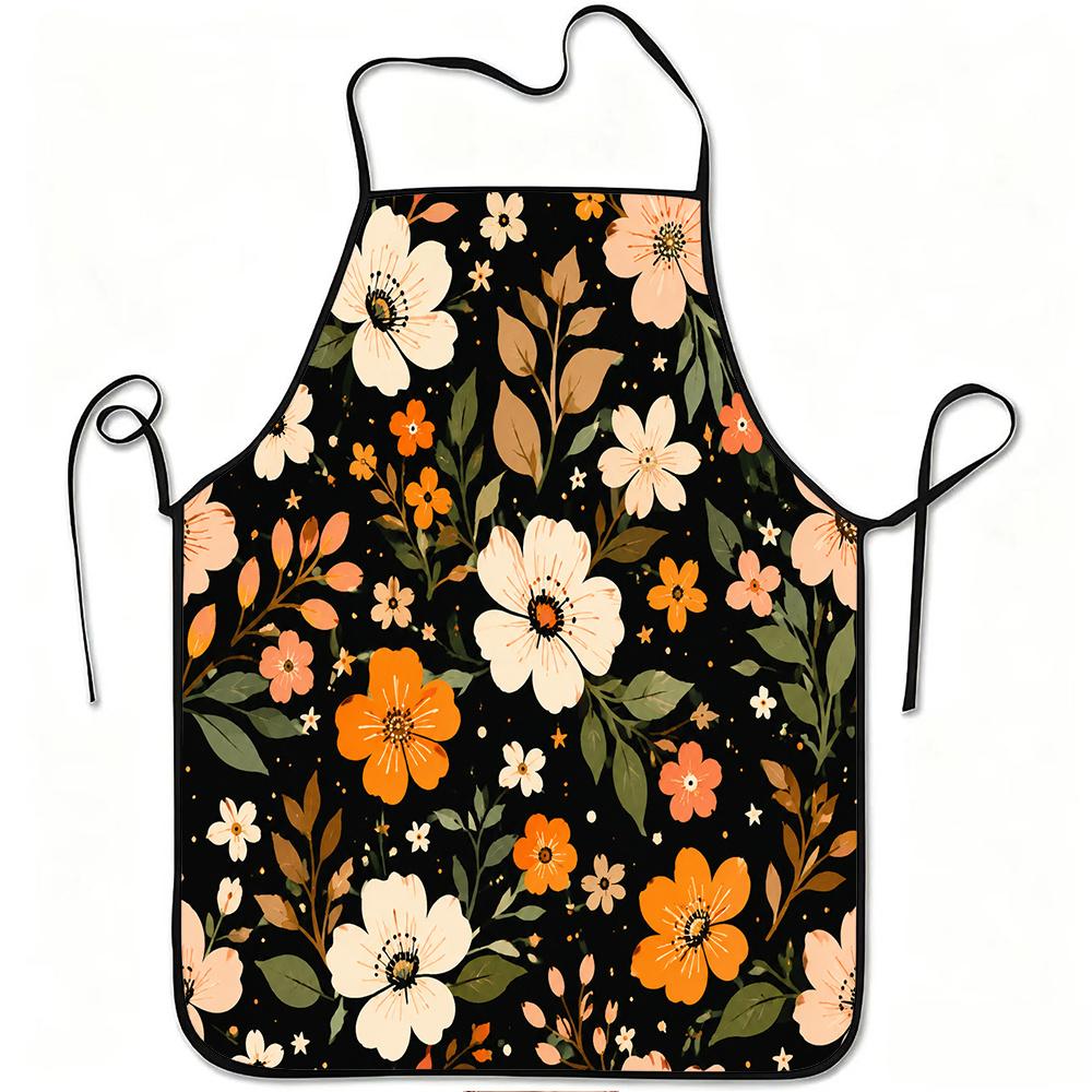 1pc Vintage Orange And Cream Floral Print Apron, Durable And Easy to Clean, Adjustable Waistband, Polyester Material, for Kitchen Cooking, Gardening,