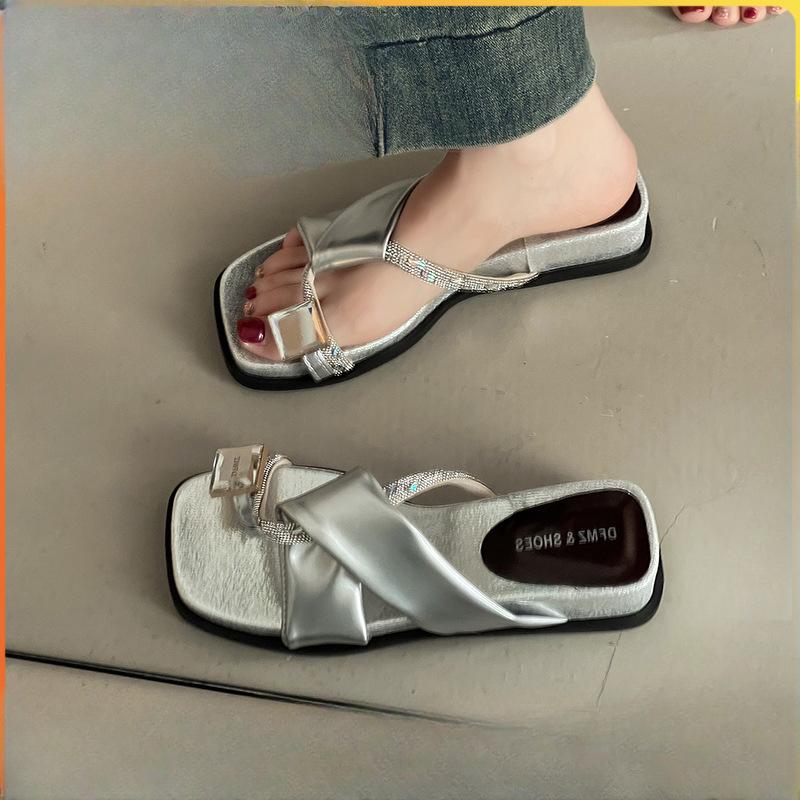 Zapatos Retro de un Hombro Diamantes de Agua Casual Playa Mujer Tacón Inclinado Chanclas