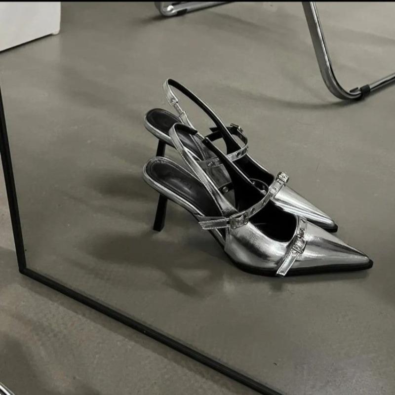 Fashion Women's Silver Buckle Slingback High Heels Pointed 2024 Summer Thin Heel Leather Shoes for Woman Elegant Party Mary Jane Pumps