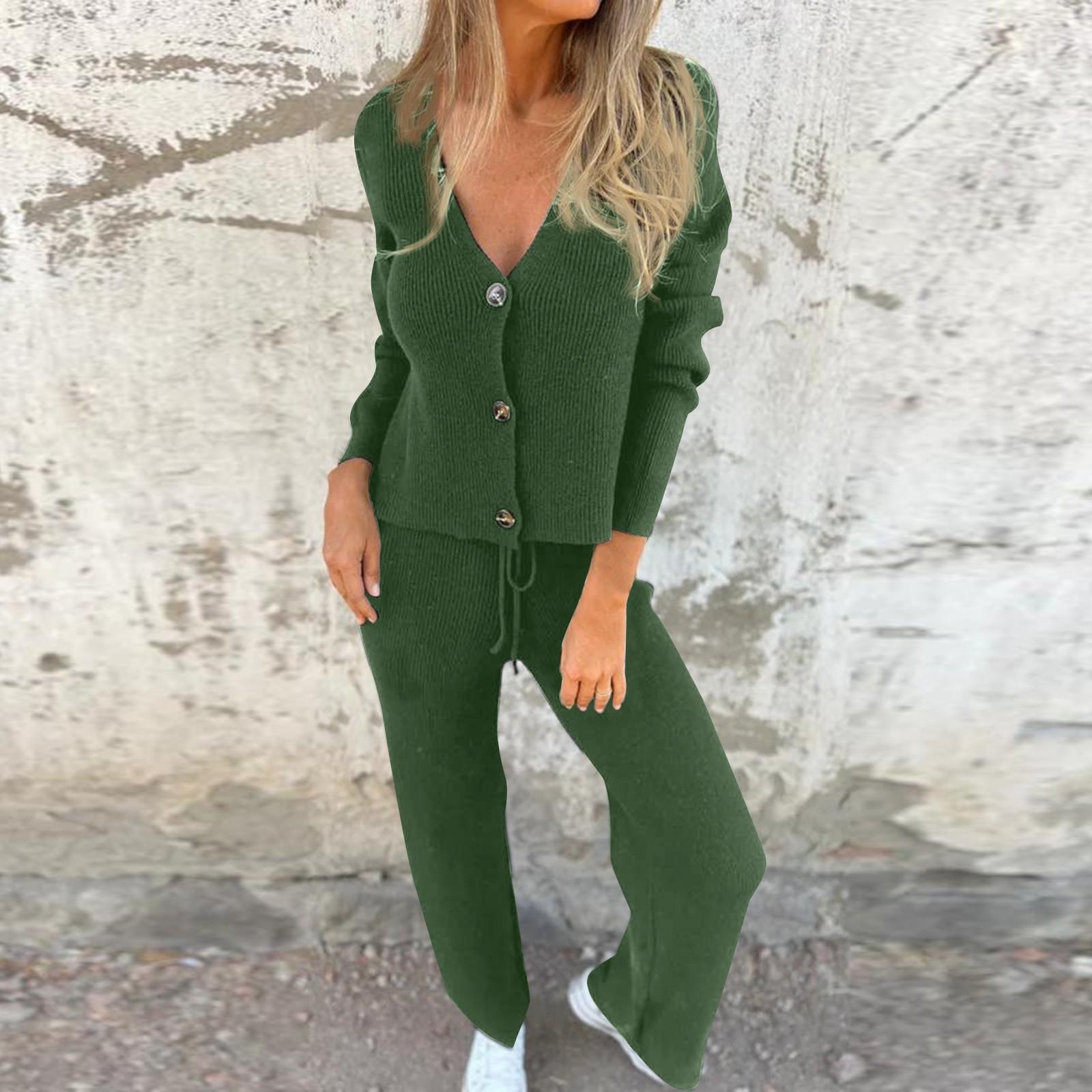 

Женский вязаный кардиган с длинными рукавами, V-образным вырезом, завязанными длинными брюками и свитером XXXL зелёный