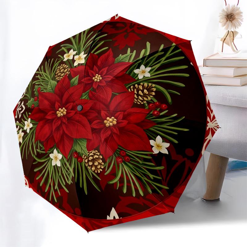 1pc Christmas, Poinsettia, Holiday Decor Umbrella with Plastic Handle,Compact & Stylish,Suitable for All Seasons YS331074
