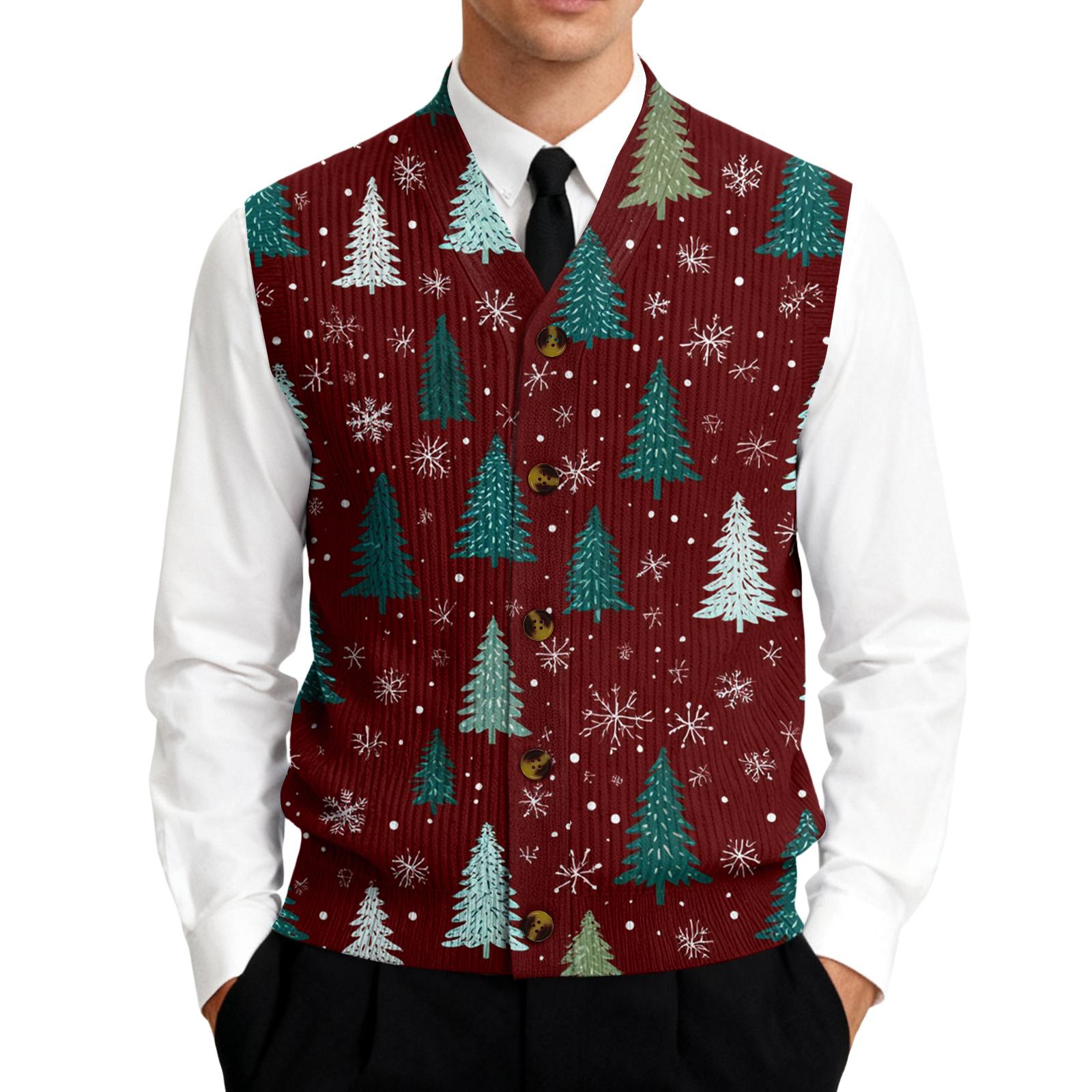

Men s Christmas Print V Neck Vest Sleeveless Knit Button Down Shirt Suitable for Seasonal Casual Wear and Layering S винний