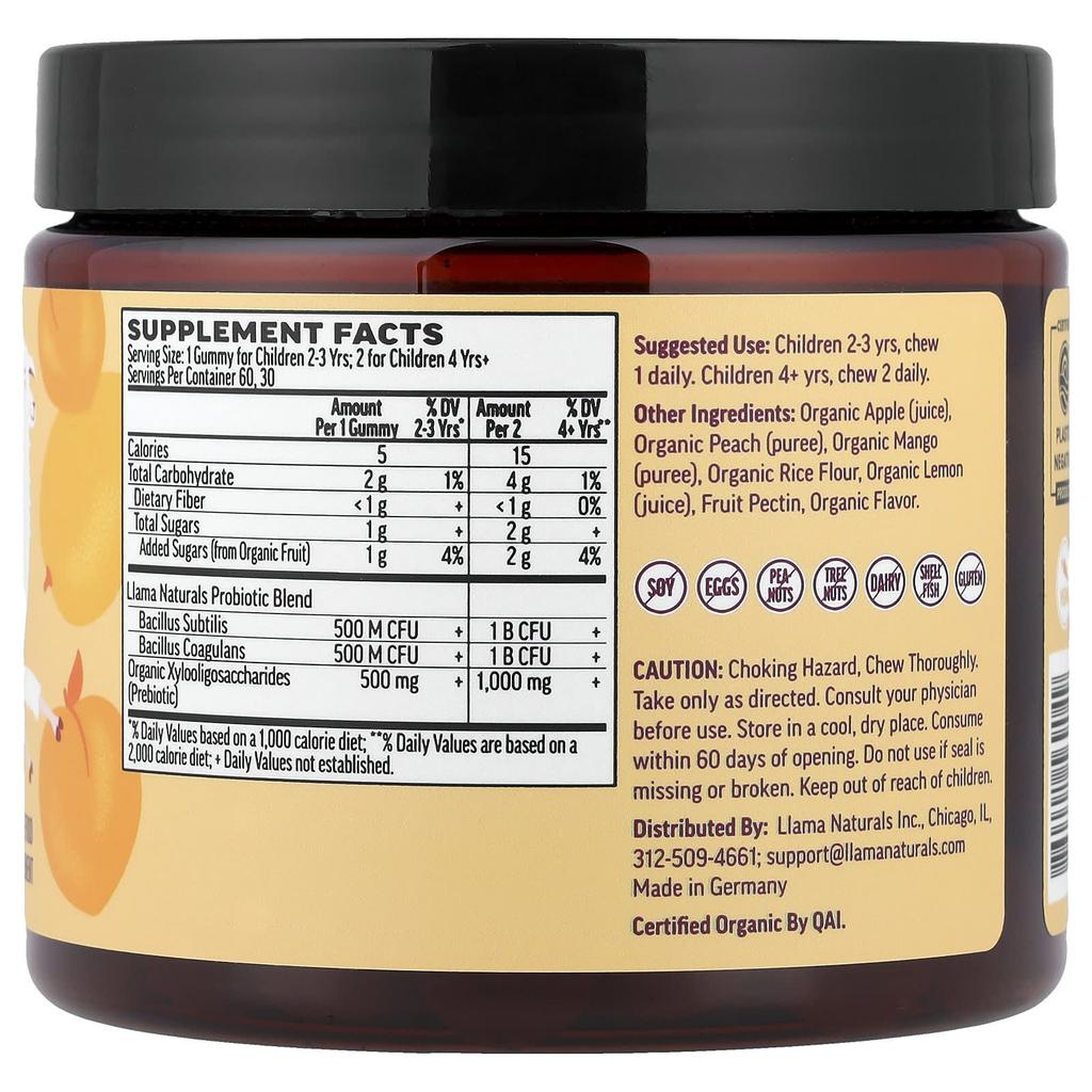 Llama Naturals, Prebiotic & Probiotic Real Fruit Gummies for Kids, Peach Mango Tango, 60 Gummies