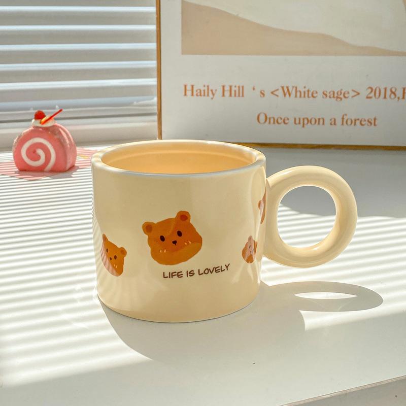 Cute milk fufu bear cup with spoon niche design couple ceramic mug appearance value home breakfast coffee cup