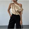 Women One Shoulder Satin Blouse With Bow Detail Elegant Sleeveless Party Tops