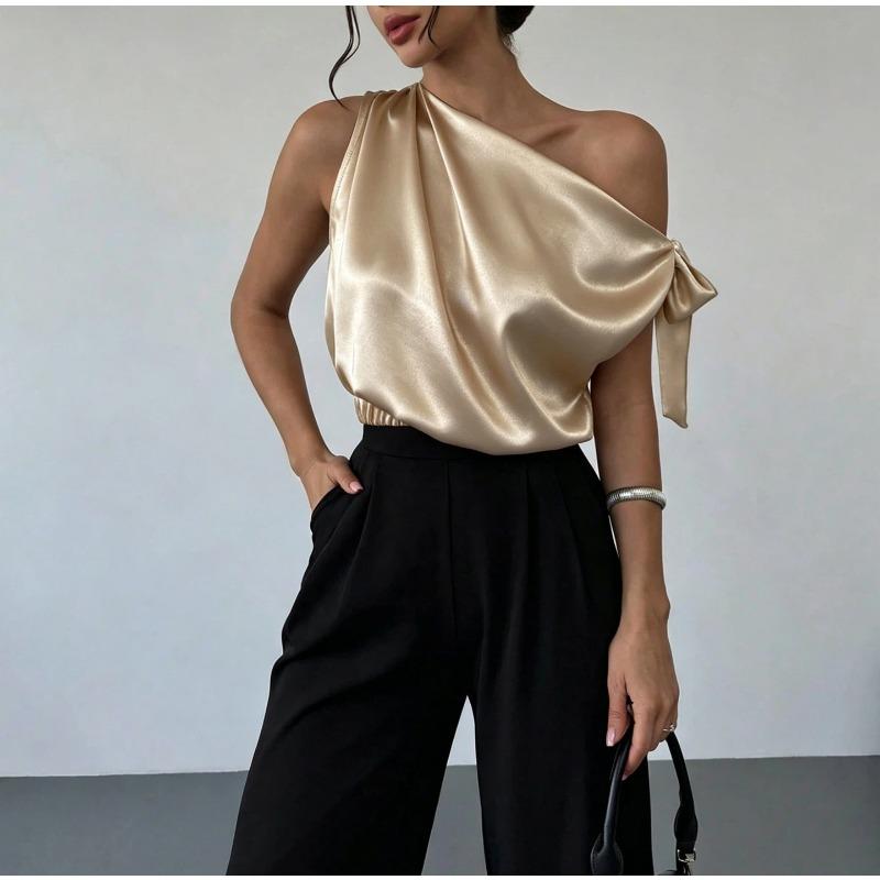 Women One Shoulder Satin Blouse With Bow Detail Elegant Sleeveless Party Tops
