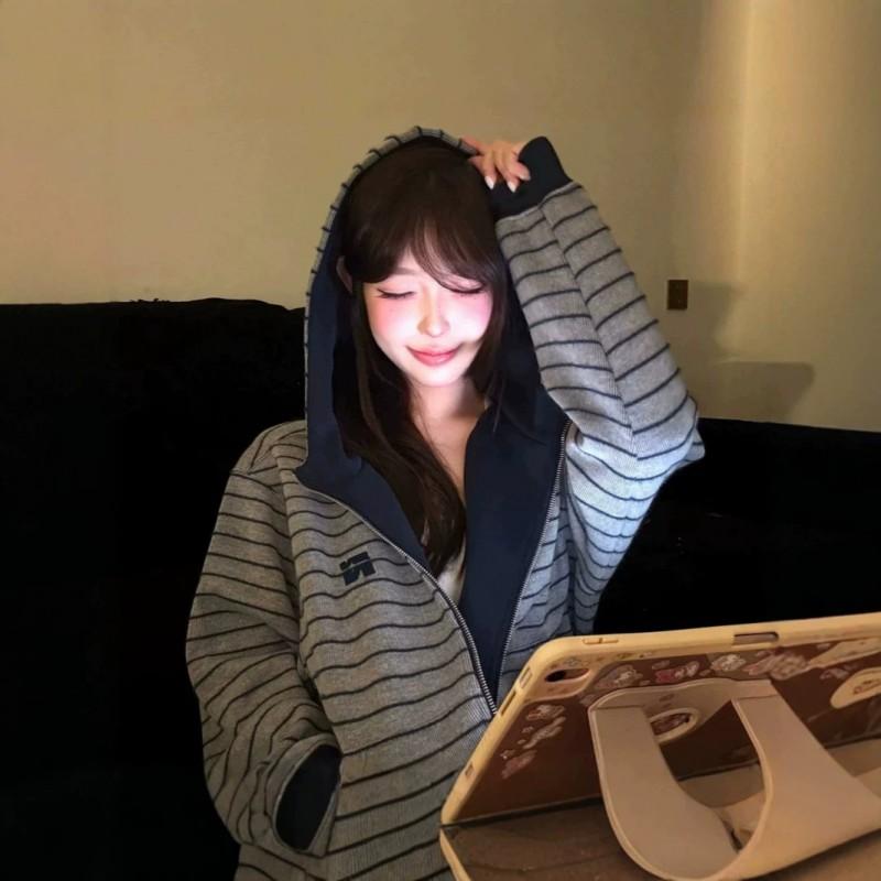 Womens Striped Color Block Zip Up Hoodie Loose Fit Casual Fall Sweatshirt