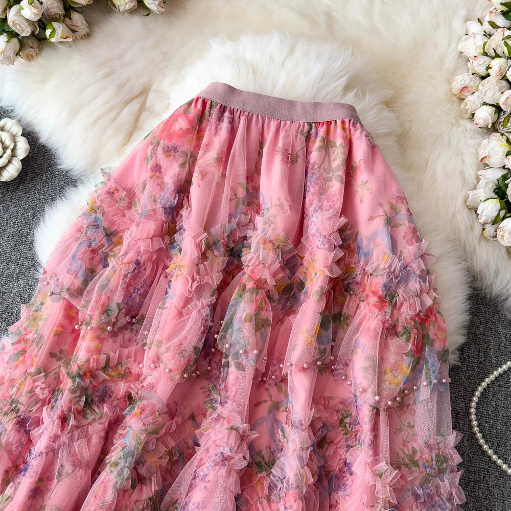 DIMANAF 2025 Summer Women Skirts New Elastic Waist Pleated Mesh Elegant Skirts