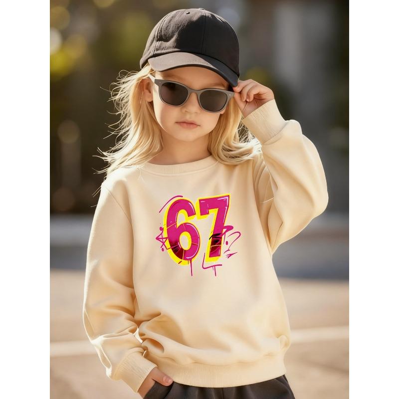 Kids Unisex Black Crewneck Sweatshirt, Graffiti Pink Yellow 3D 67 Number Print Long Sleeve Pullover, Casual Sweatshirt for Boys Girls Over 4 Years Old