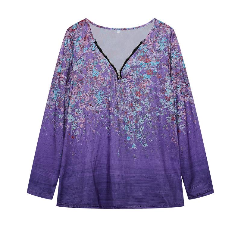 2023 Women's Floral V-neck Zipper Long Sleeve Top