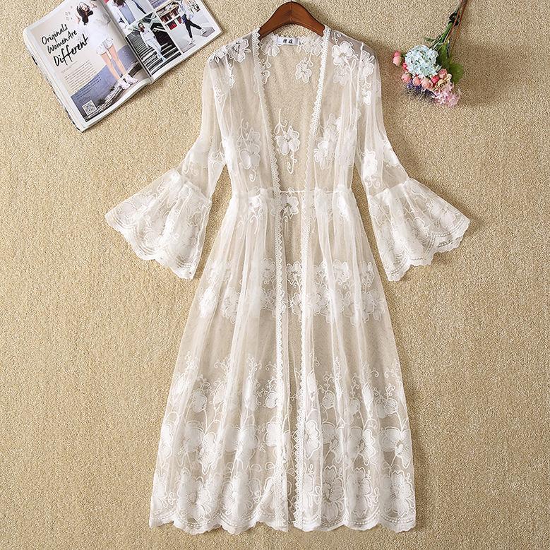 

Кружевной сетчатый кардиган с рукавами 3/4, шаль, женская летняя одежда средней длины с расклешенными рукавами, солнцезащитная одежда, тонкая верхняя одежда XL