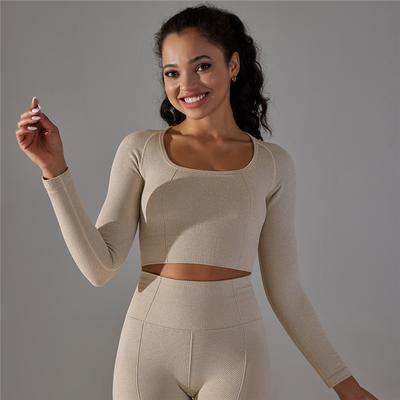 Damen-Laufoberteil, nahtlos gestrickt, langärmelig, Sport-T-Shirt, Fitness, schnell trocknend, atmungsaktiv, Yoga-Kleidung
