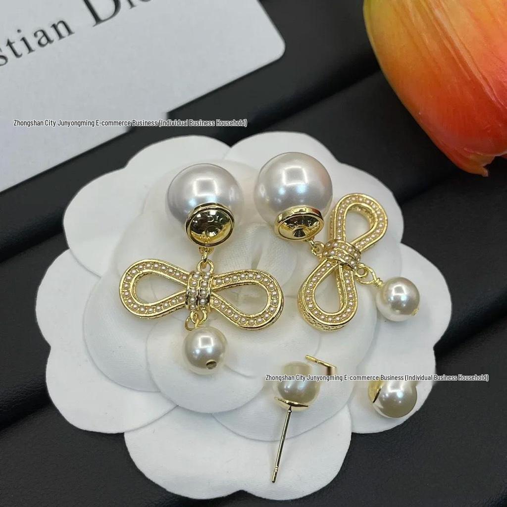 Di Jia D-House Two-Tone Tassel Bow Stud Earrings with Large & Small Pearls, Women's Fashion Luxury Style, 925 Silver.