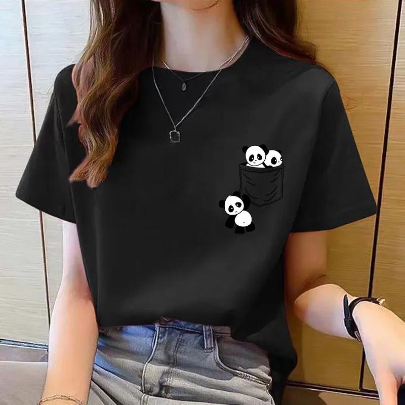 New Women Short Sleeve Top Summer New Pocket Panda Cartoon Printed T-shirt Korean Fashion Women Tops Loose Round Neck T Shirt