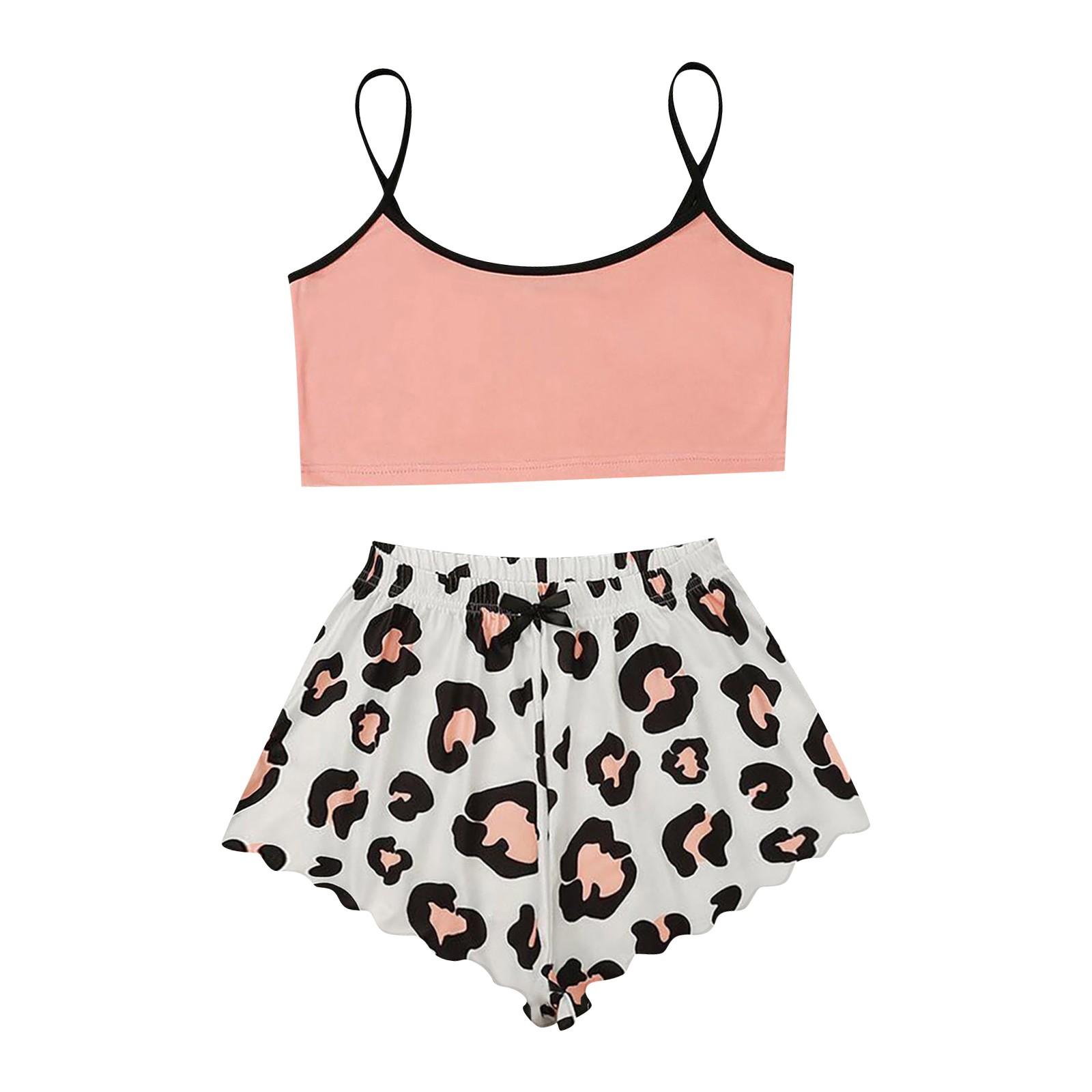 

(SU)Женский милый мультяшный принт с отделкой салата, топ на бретельках и шорты, милый пижамный комплект, одежда для сна