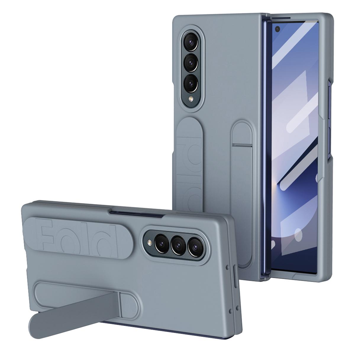 

For Samsung Galaxy Z Fold3 5G Case with Tempered Glass Film Kickstand Wristband PC+Silicone Phone Cover Grey