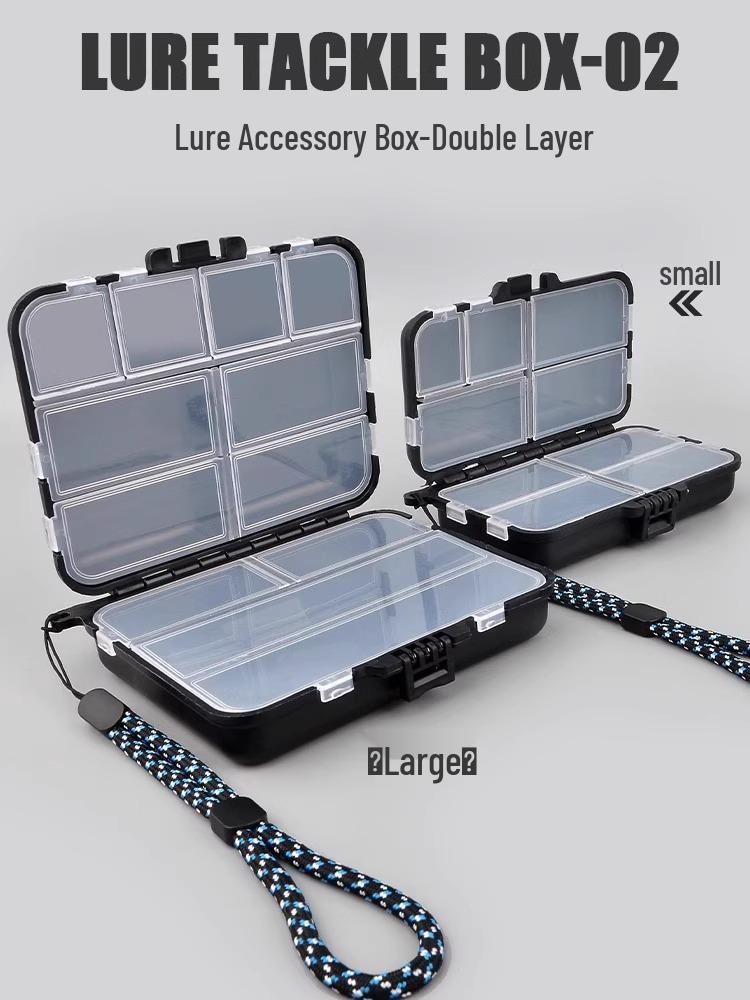 

**Компактная двухслойная коробка для приманок и крючков**: Портативное хранилище для мелких рыболовных аксессуаров, с отделением для микропредметов и шпилькой для рыболовных крючков.